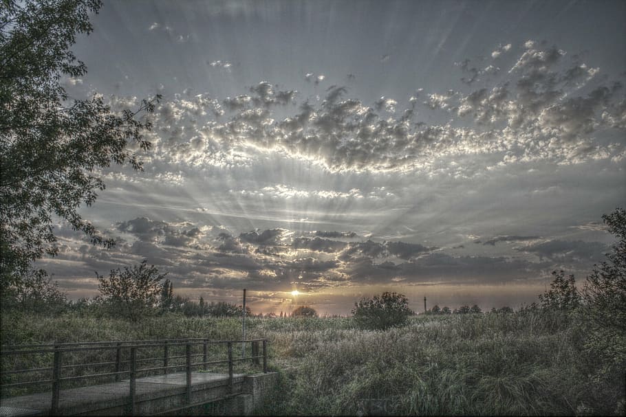 green field during sun set illustration, hdr, clouds, landscape HD wallpaper