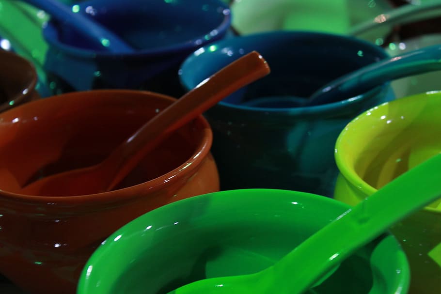 green, blue, brown, ceramic, bowls, colorful, soups, spoon HD wallpaper