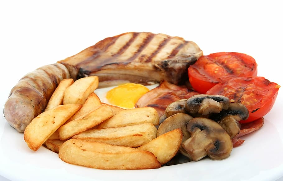 steak with fries and egg, bacon, bread, breakfast, broiled HD wallpaper