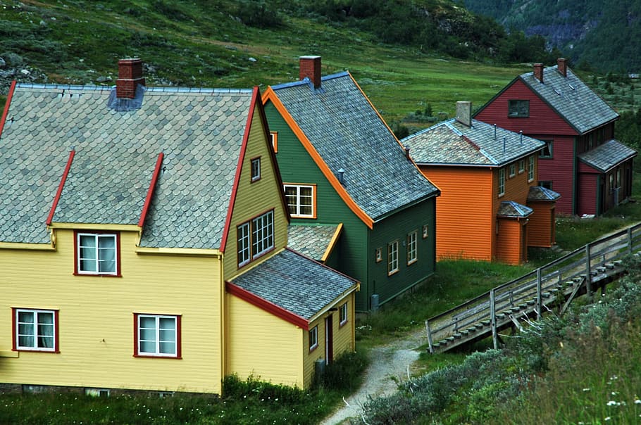 norway, houses, homes, country house, architecture, grass, hills, HD wallpaper