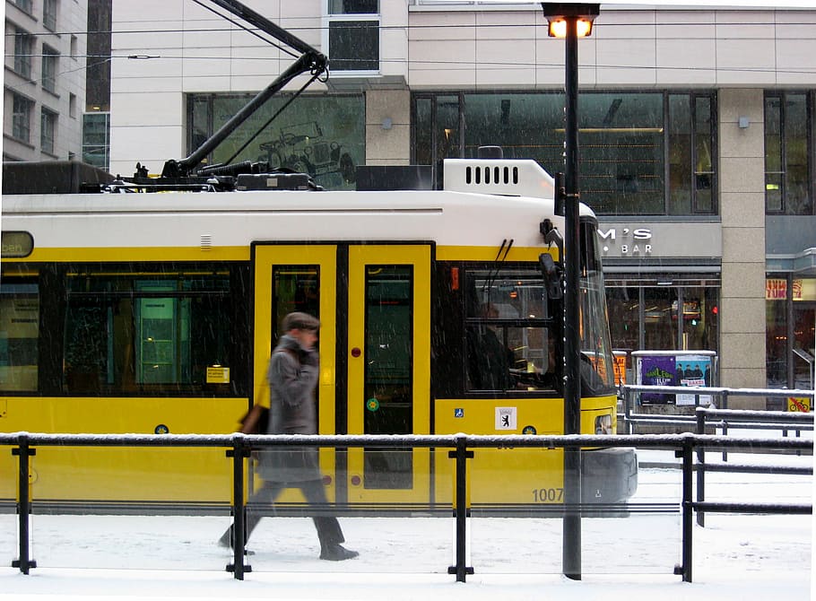 tram, berlin, snow, yellow, transport, building exterior, architecture HD wallpaper