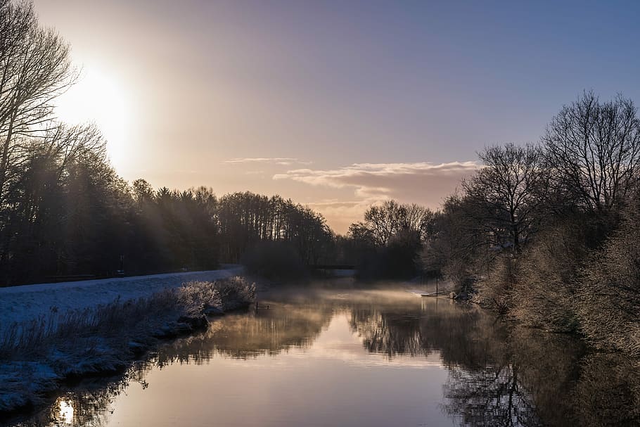 body of water and trees during sunset, Sunrise, Landscape, Snow HD wallpaper
