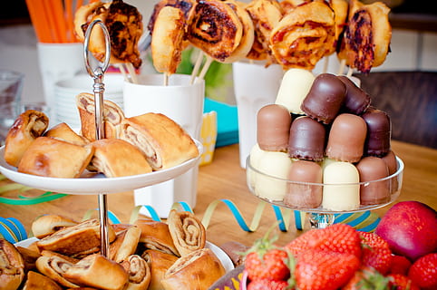 variety of pastries and strawberries on table, party, sweetness HD wallpaper