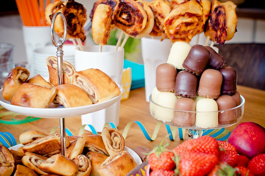 variety of pastries and strawberries on table, party, sweetness HD wallpaper