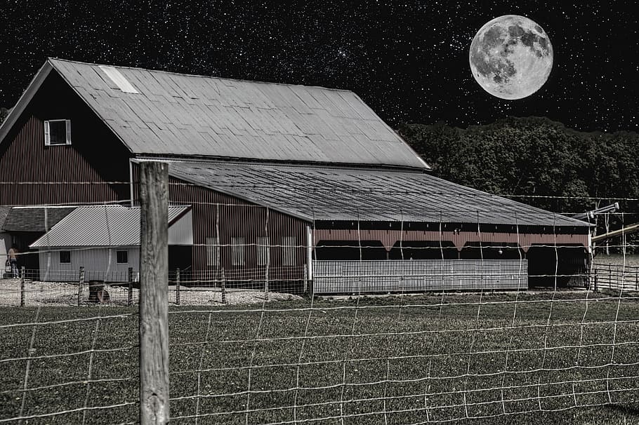 barn, rustic, barns, night, moon, ohio, digital art, rural HD wallpaper
