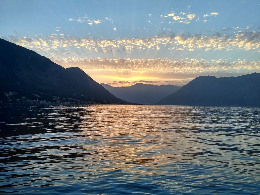 sea, mountains, clouds, sunset, water, beauty in nature, scenics - nature HD wallpaper