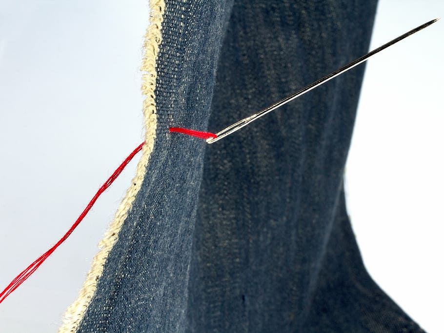fabric, needle, sew, yarn, denim, indygo, red thread, close-up HD wallpaper