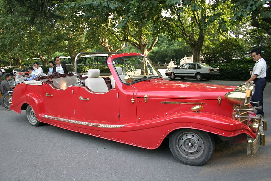 Old, Red, Red, Car, convertible, outdoors, vintage Car, old-fashioned HD wallpaper