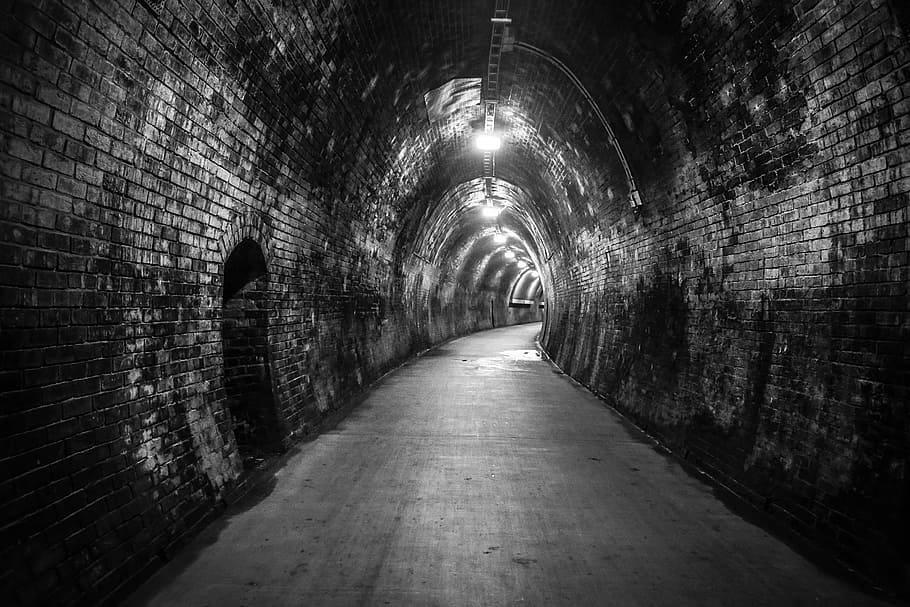 grayscale photo of tunnel with lights, long, dark, direction HD wallpaper