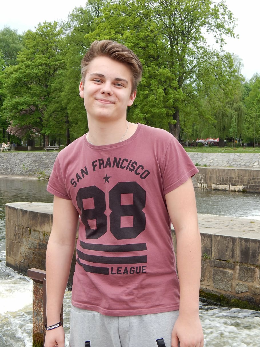 smile, boy, spring, friend, river, looking at camera, front view HD wallpaper