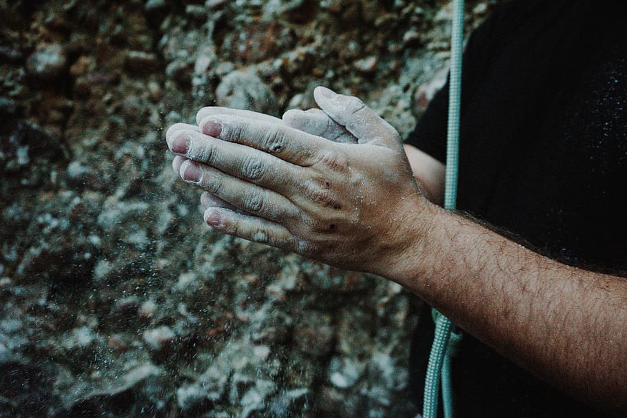 person's two hands, person showing praying hands, climbing, chalk HD wallpaper