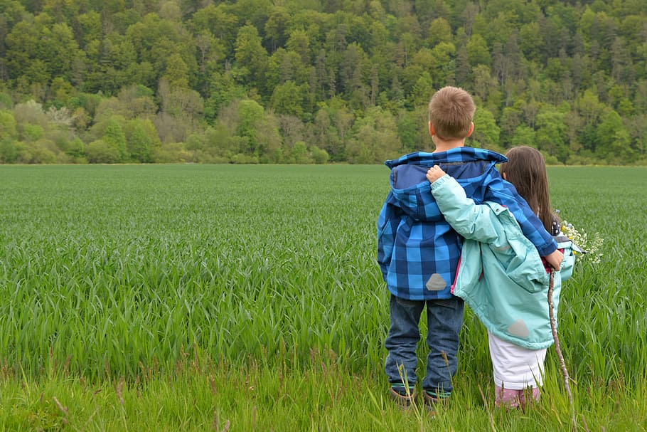 boy and girl standing on green grass field, children, love, friends, HD wallpaper