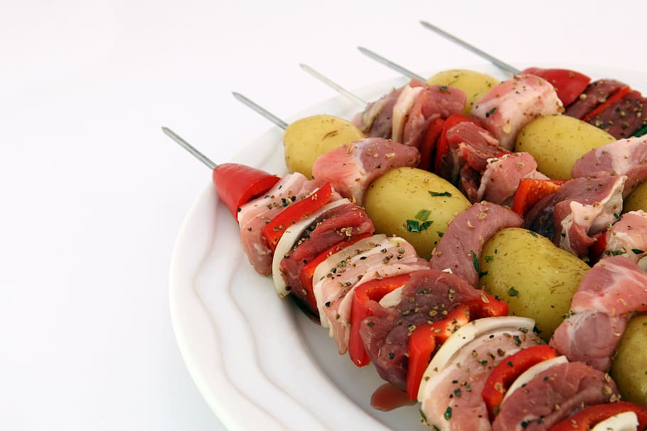 four assorted kebabs on plate, barbeque, bbq, beef, cholesterol HD wallpaper