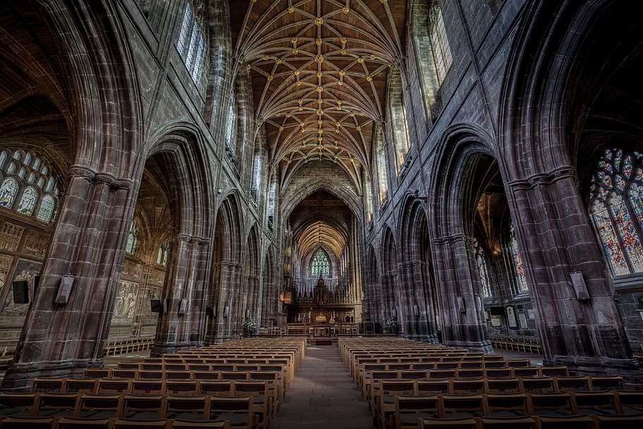cathedral interior artwork, arches, architecture, building HD wallpaper