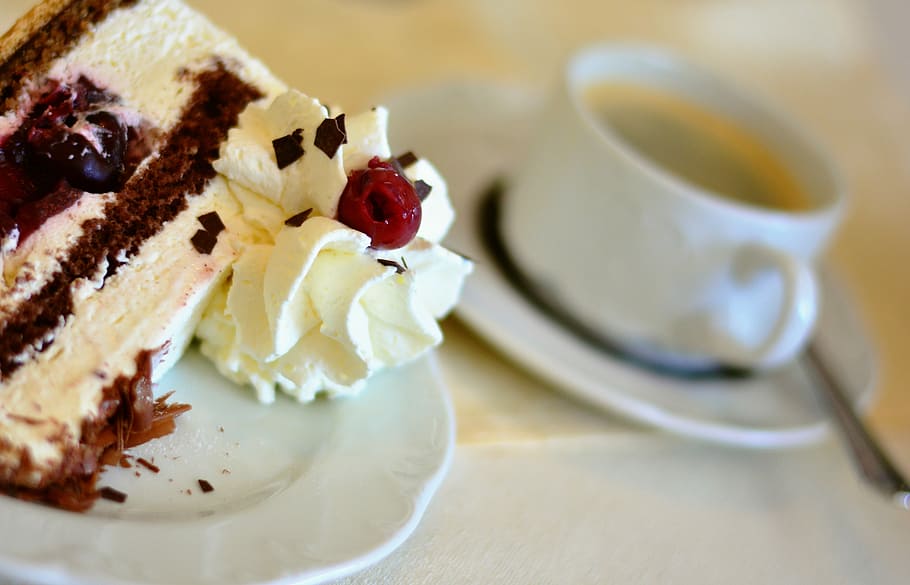 cake and coffee photo, cream cake, delicious, sweet dish, calories HD wallpaper