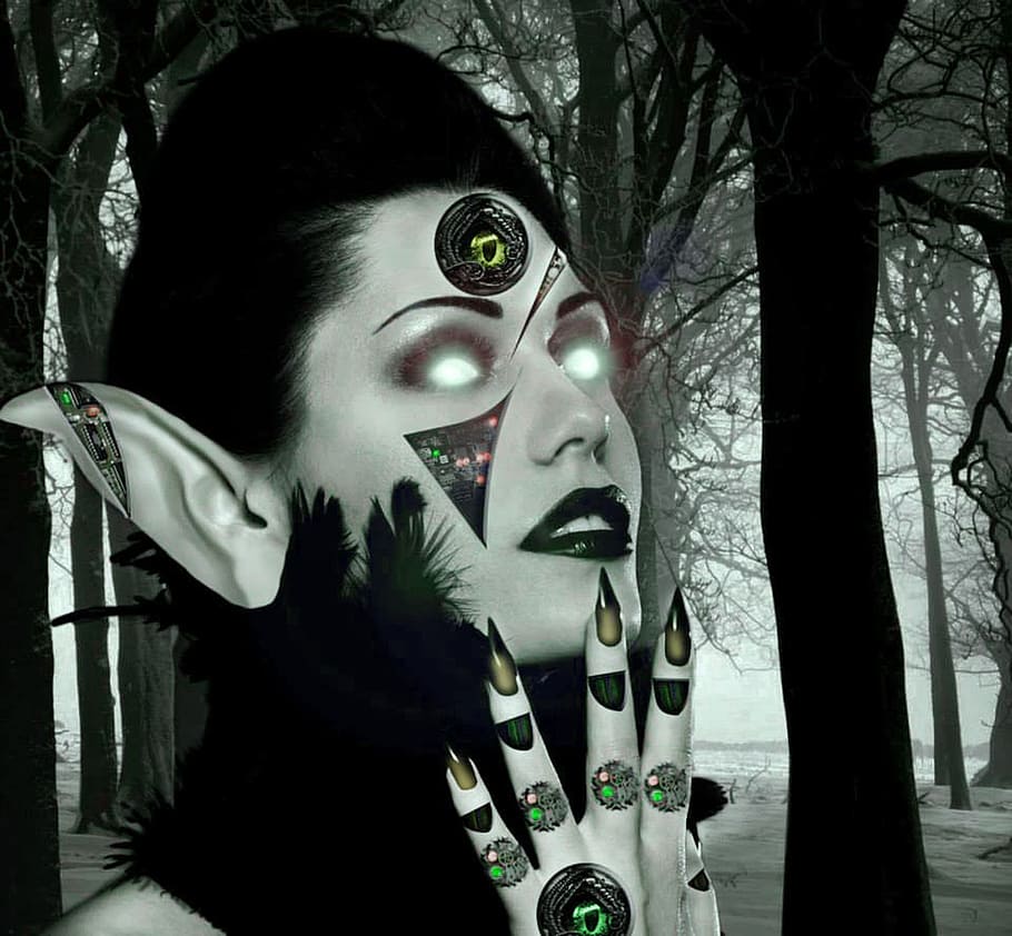 woman with face paint, vampire, creature, nightmare, eyes, artificial HD wallpaper