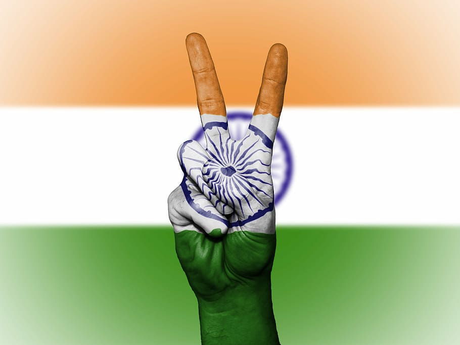 flag of India with peach hand sign, peace, nation, background, HD wallpaper
