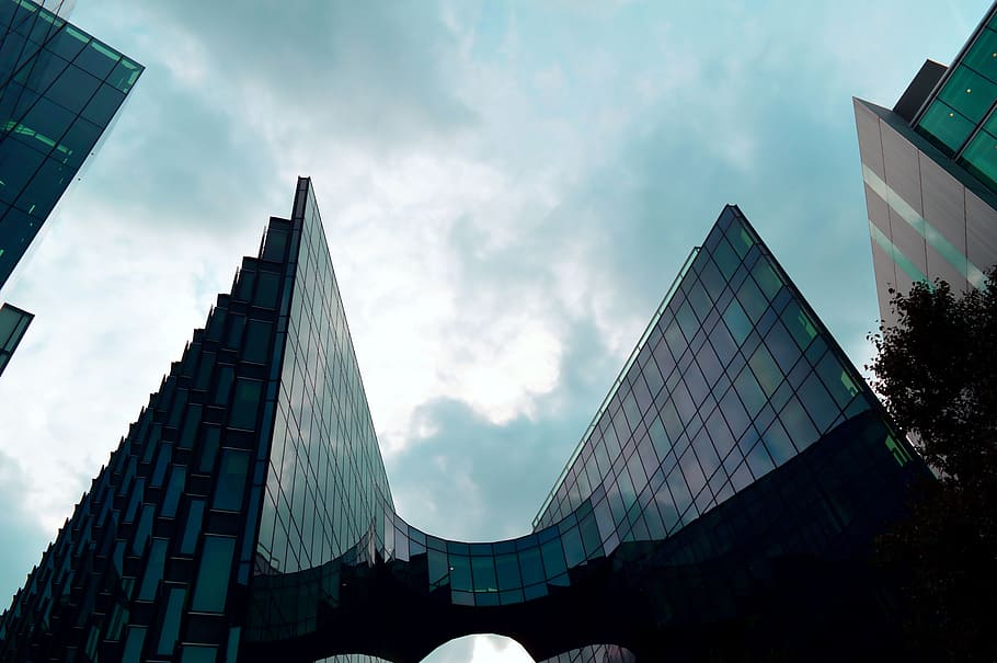 sky, clouds, buildings, glass, architectural design, facade, finance HD wallpaper