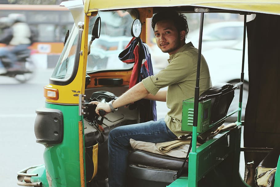 man riding on auto rickshaw, person, tuk tuk, taxi, drive, mode of transportation, HD wallpaper