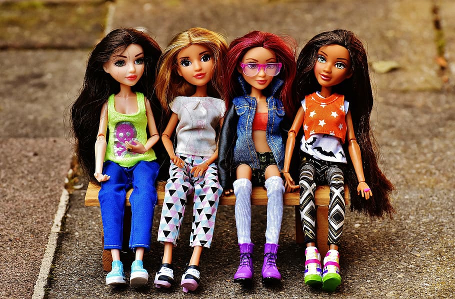 four dolls miniatures sitting on bench toy, girl, girlfriends