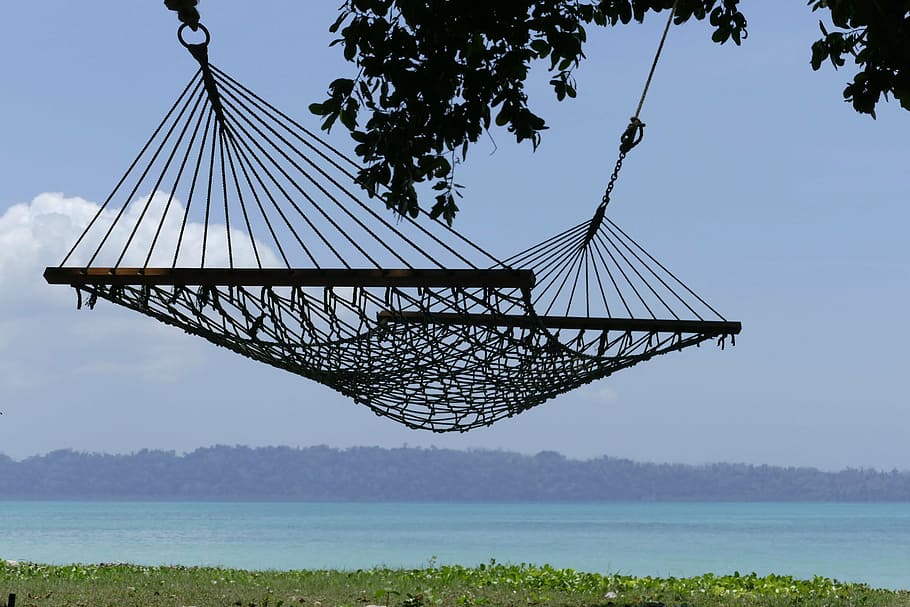 black hammock near body of water, beach, summer, relaxation HD wallpaper