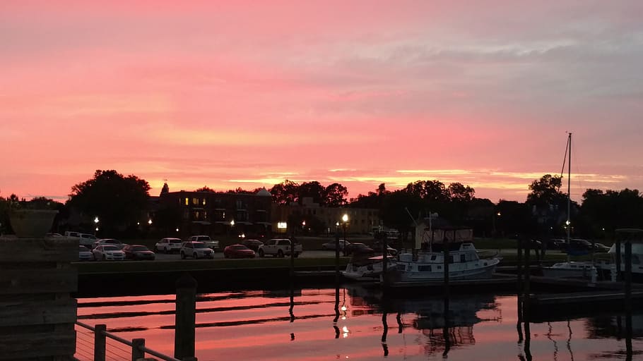sunset, new bern, waterfront, sky, cloud - sky, reflection HD wallpaper
