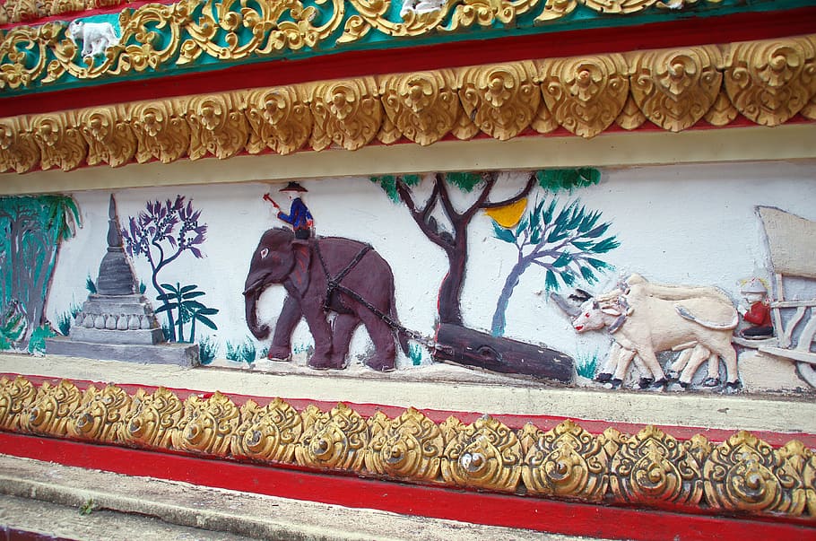 laos, vientiane, mosaic, mural, characters, stories, temple, HD wallpaper
