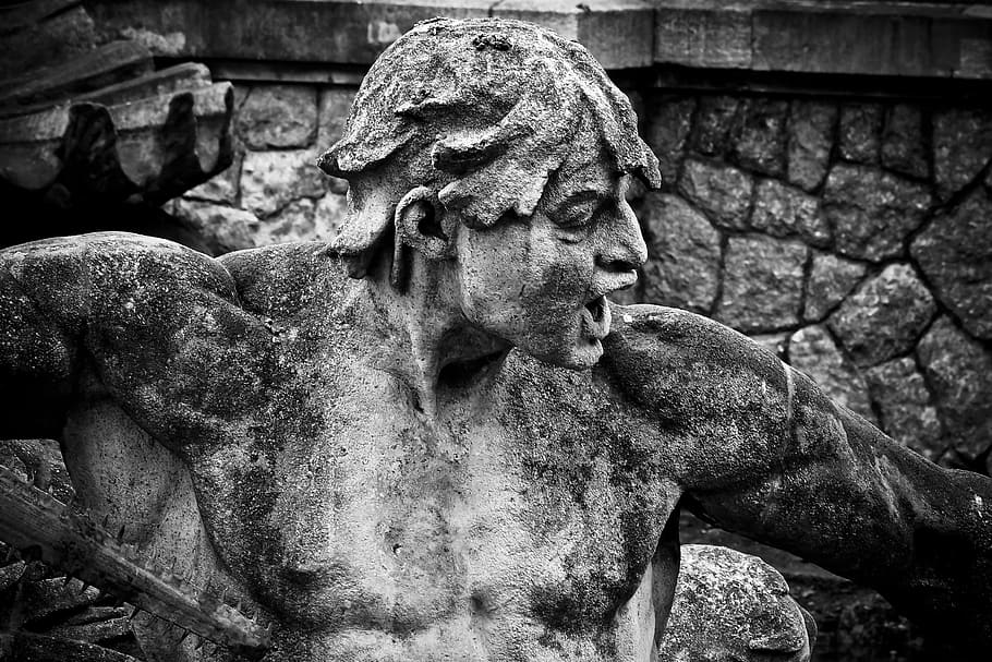 grayscale photo of statue, fountain, figure, sculpture, old, monument