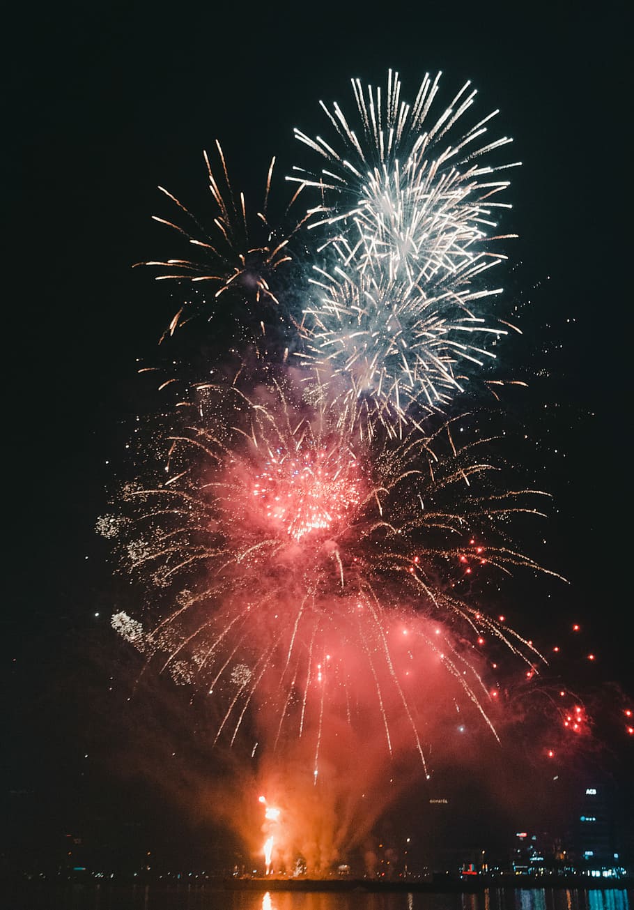 time-lapse photography of fireworks, white and red fireworks during night time HD wallpaper