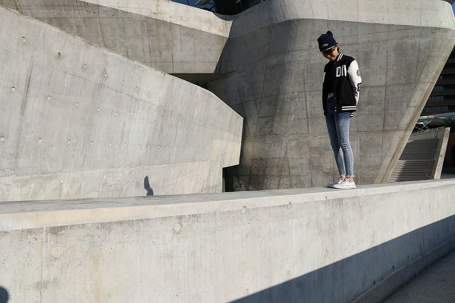architecture, building, cement, concrete, person, urban, woman HD wallpaper