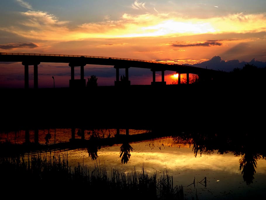 sunset, bridge, water, reflection, red, in the evening, silhouette HD wallpaper