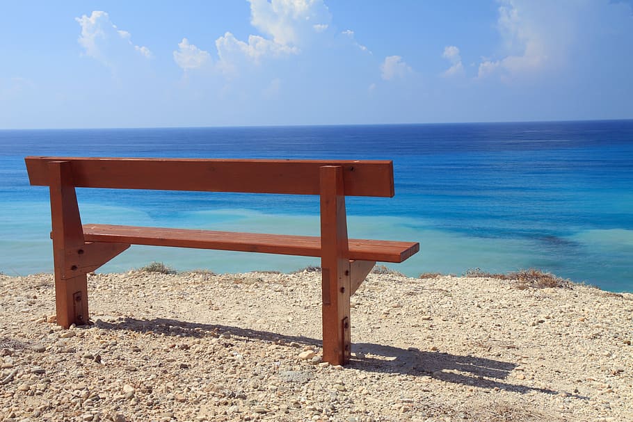 brown wooden bench, blue, coast, landscape, lonely, nature HD wallpaper