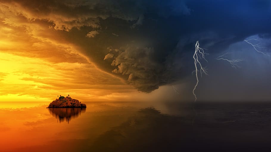 timelampse photo of storm with lightnings about to land on water near island during golden hour, HD wallpaper