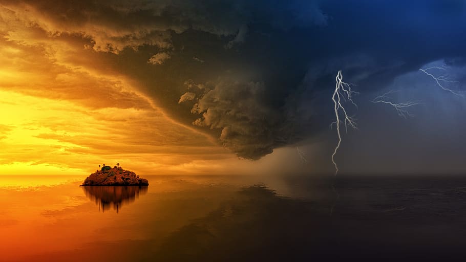 timelampse photo of storm with lightnings about to land on water near island during golden hour HD wallpaper