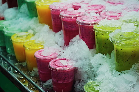 clear plastic cups covered in ice, Fruit Juice, Smoothie, indoors HD wallpaper