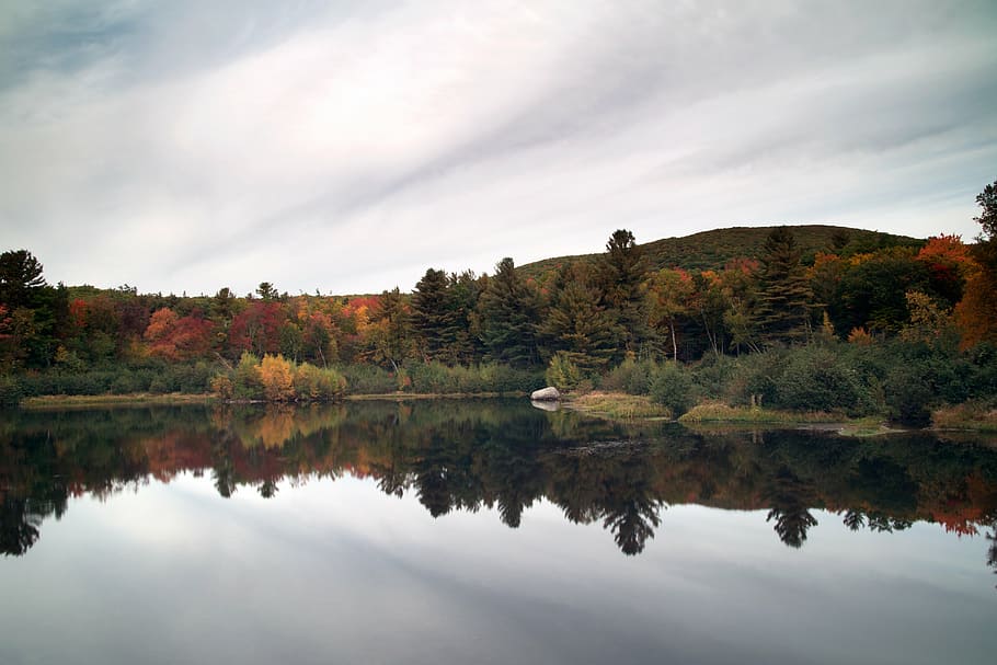 autumn, clouds, daylight, forest, lake, landscape, mountain HD wallpaper