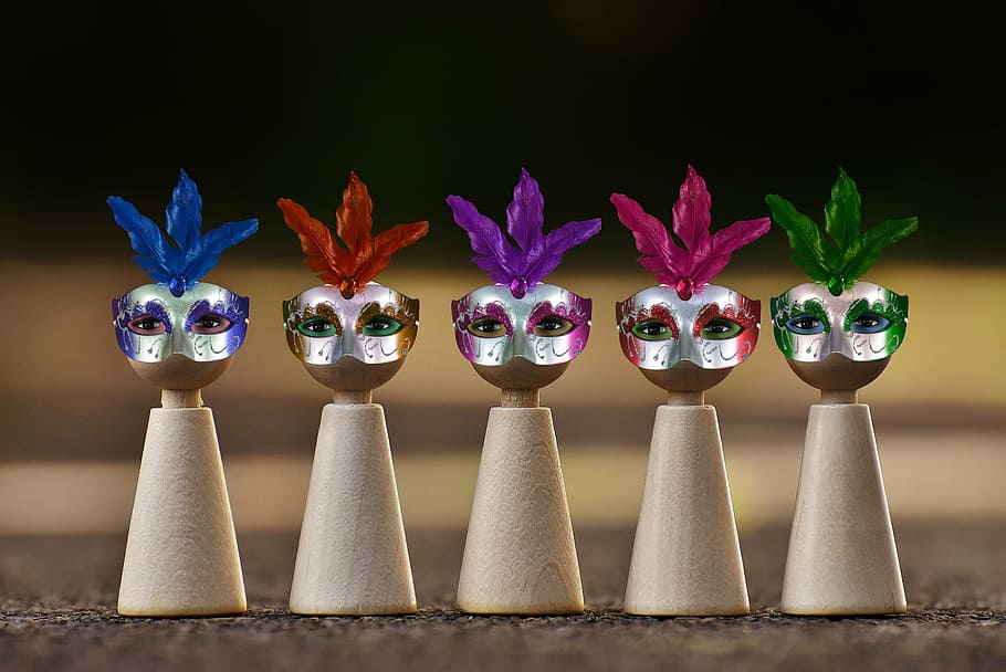masks, carnival, play stone, feather, funny, in a row, no people HD wallpaper