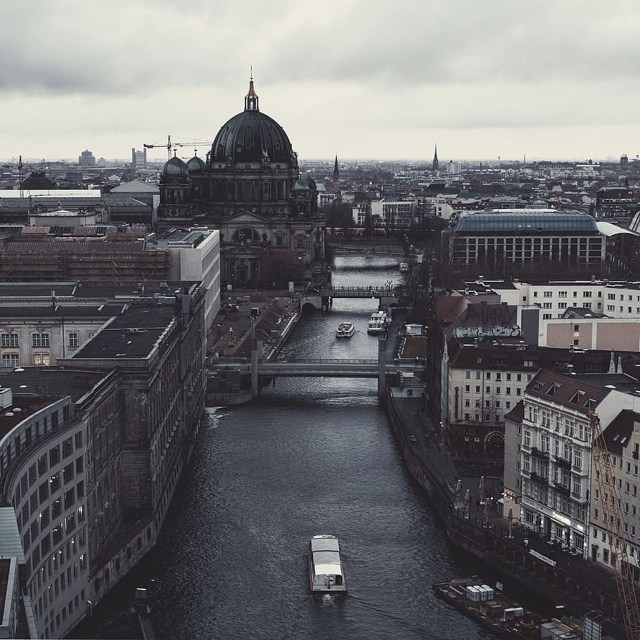 ship sailing between building, berlin, germany, berlin cathedral HD wallpaper