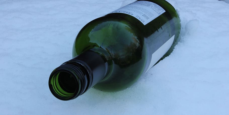 bottle, wine, ice, snow, winter, vineyard, backdrop, background