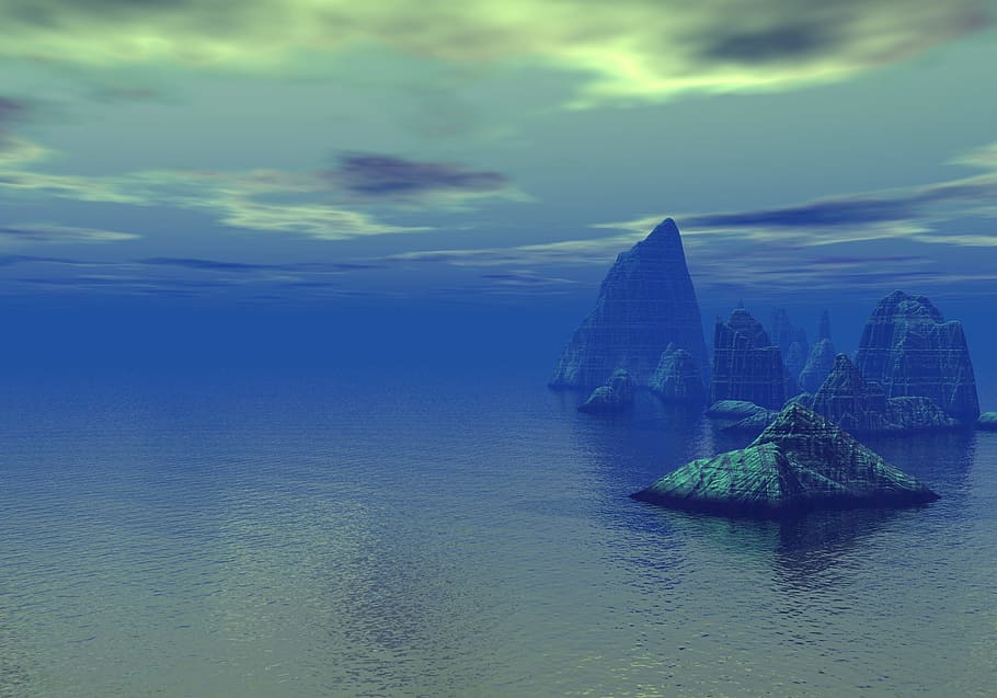 blue, sky, rocks, sea, cold, landscape, fiction, light, horizon HD wallpaper