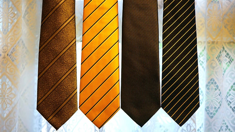 four assorted-color neckties, yellow, clothing, work, accessory HD wallpaper