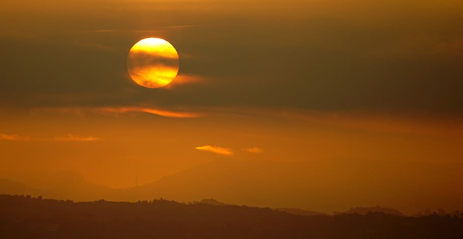 sunset, sky, red, clouds, landscape, red sun, orange, evening sun HD wallpaper