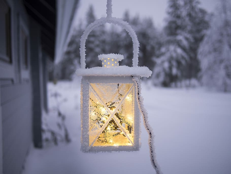 white pendant lamp hanging on ceiling outside of snow covered forest, tilt shift lens photography of white lantern, HD wallpaper