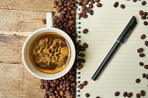 notebook, coffee, course, the work, espresso, coffee bean, kernels HD wallpaper
