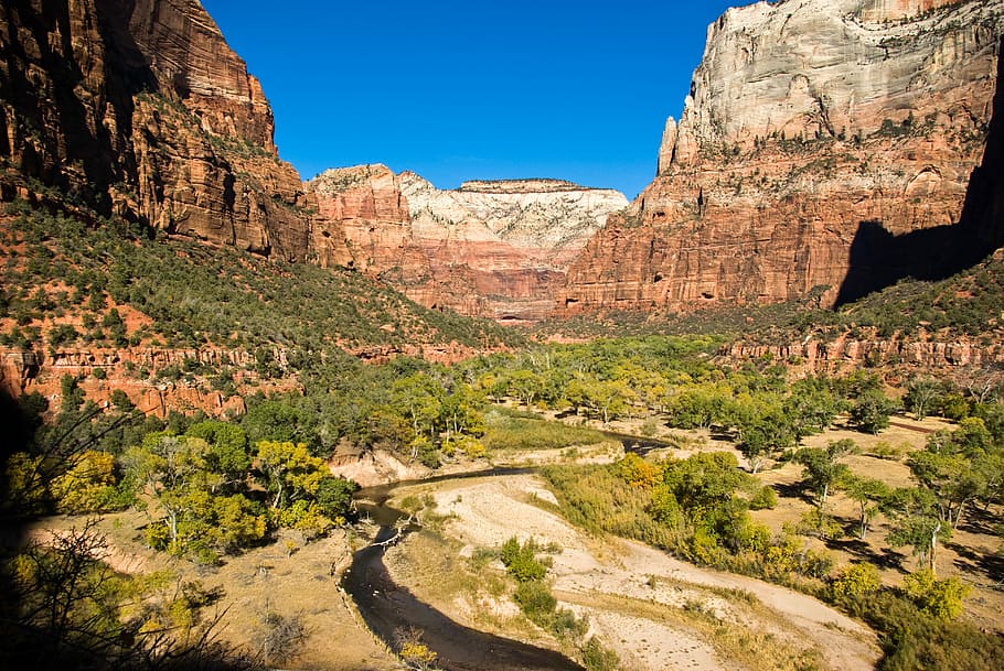 aerial view of Grand Canyon, valley, blue, cliff, creek, hiking HD wallpaper