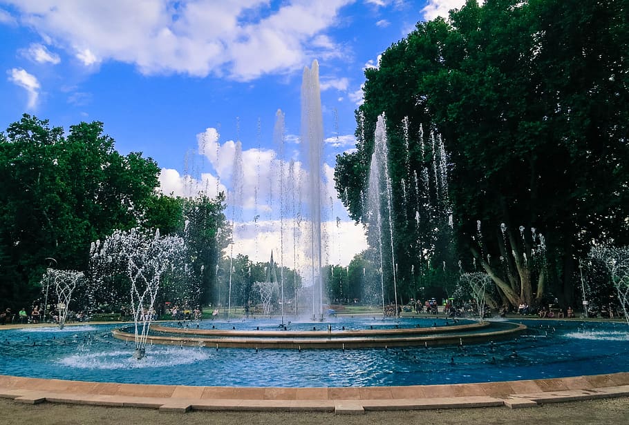 concrete fountain near trees at daytime, water, splash, summer HD wallpaper