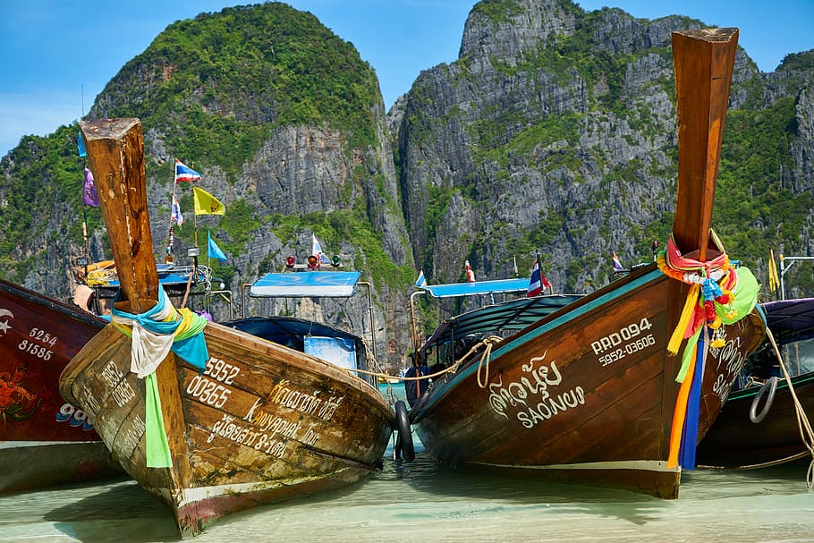 two brown wooden boats, ocean, thailand, see, ship, old, tropical