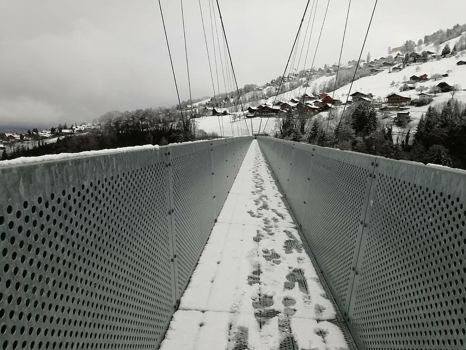 bridge, gateway, path, metal, corridor, sky, nature, snow, winter HD wallpaper
