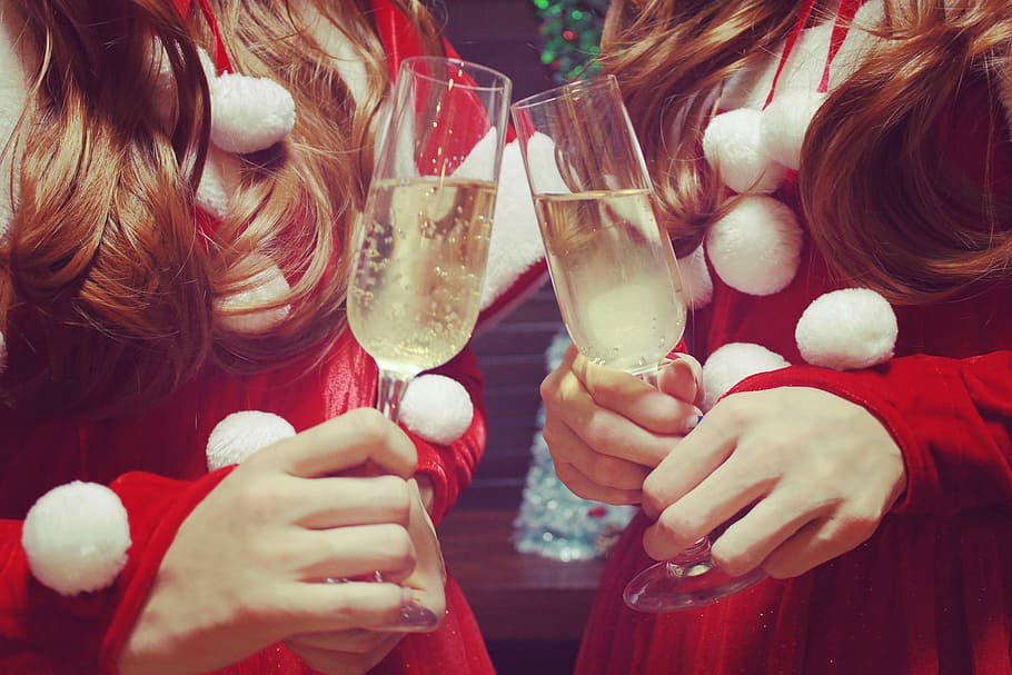 two women in red dresses holding wine glasses, celebration, people HD wallpaper