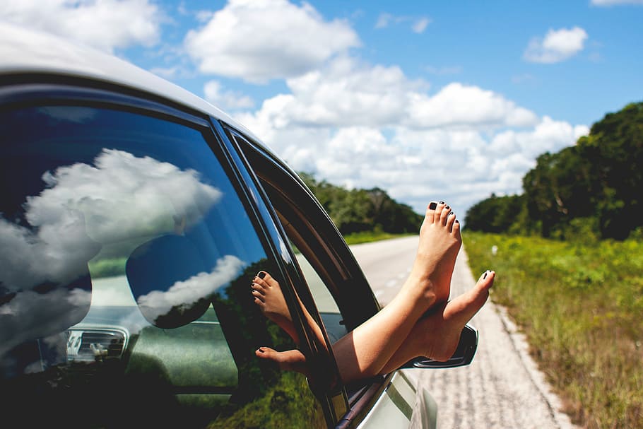 person riding car, untitled, relax, roadtrip, feet, feet out window